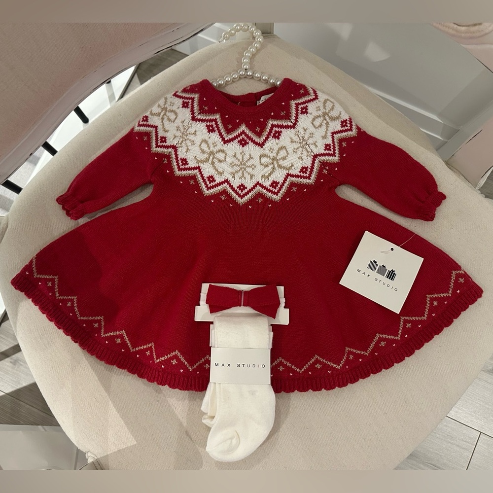 ❤️ 3~6 Max Studio Knit Red Dress Set with Bow Pattern, Scallop Hem, Tights, NWT